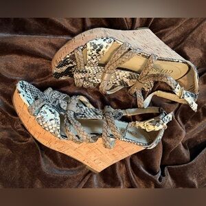 Guess Snake print Cork Wedge sandals; size 7.5M, 4”heels, buckle strap.